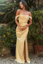 vestido maxi - hombros con caida, abierta en pierna