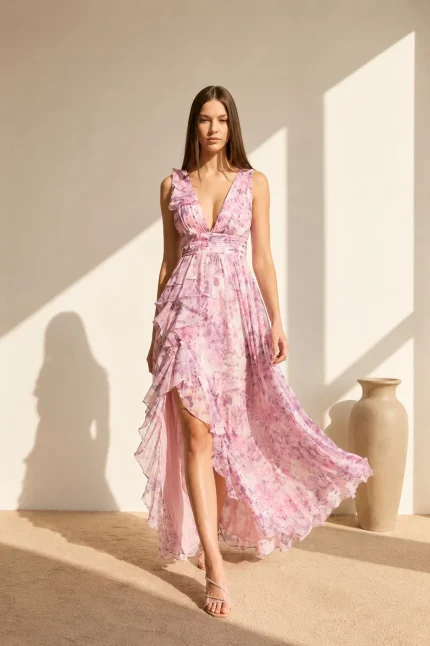 vestido maxxi - Vestido olanes flores rosas