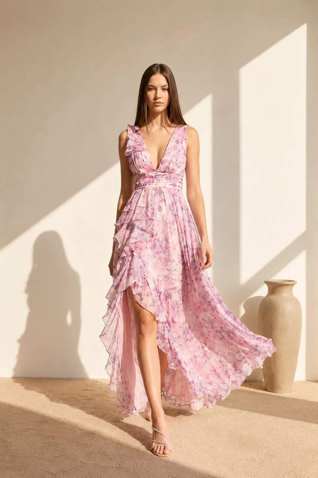 vestido maxxi - Vestido olanes flores rosas — 1 vestido maxxi - Vestido olanes flores rosas