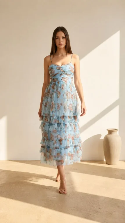Vestido Midi - Vestido Olanes flores cafes
