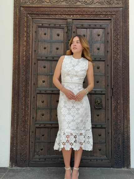 Vestido Midi - Vestido Tira Bordada flores