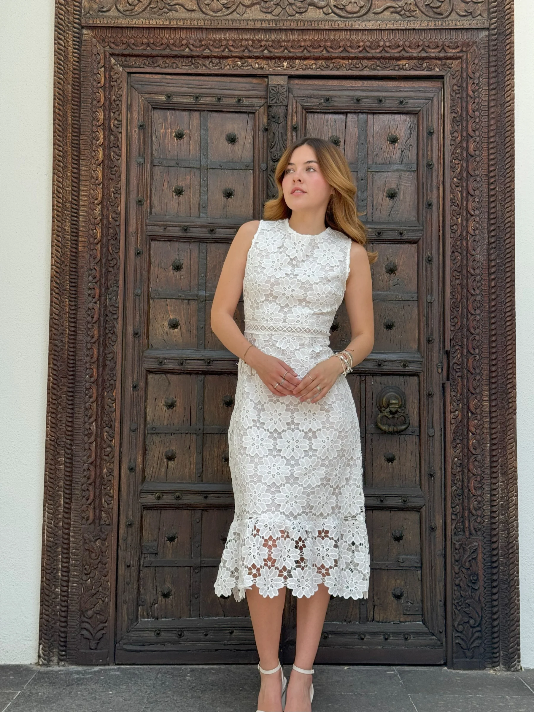 Vestido Midi - Vestido Tira Bordada flores